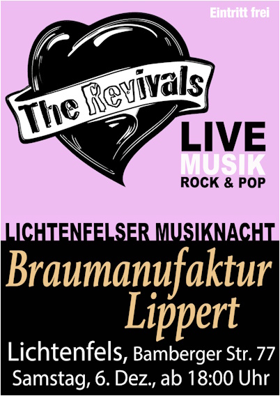 Plakat 'The Revivals' live Samstag, 6. Dezember 2025, Braumanufaktur Lippert, Lichtenfels, ab 18:00 Uhr