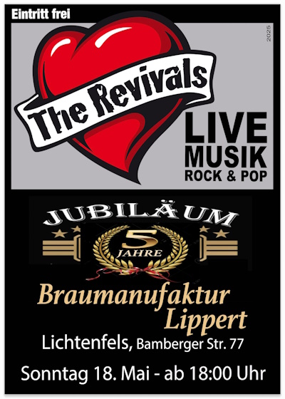 Plakat 'The Revivals' live Sonntag, 18. Mai 2025, Braumanufaktur Lippert / Lichtenfels, ab 18:00 Uhr